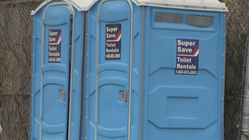 Portable toilets installed by the city are seen in London, Ont. on Friday, May 1, 2020. (Daryl Newcombe / CTV London)