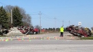 Police work at the scene of a fatal crash east of Corunna, Ont. on Monday, May 4, 2020. (Jim Knight / CTV London)