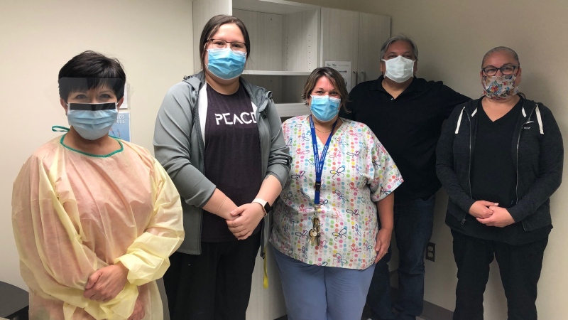 Health-care workers at the Kettle and Stony Point Health Centre prepare to test for COVID-19 on Monday, May 5, 2020. (Jordyn Read / CTV London)