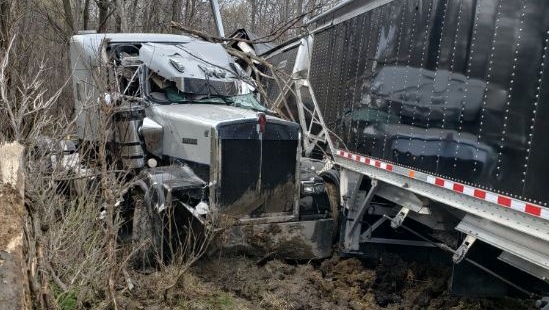 Collision on Highbury Ave. north of London Ont. between a tractor trailer and vehicle on May 5, 2020. (OPP/Twitter)
