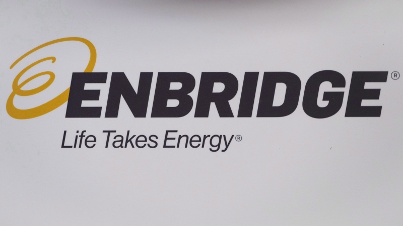 The Enbridge logo is shown at the company's annual meeting in Calgary, Alta., Wednesday, May 9, 2018. THE CANADIAN PRESS/Jeff McIntosh