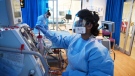 A member of the clinical staff wearing Personal Protective Equipment PPE cares for a patient with coronavirus in the intensive care unit at the Royal Papworth Hospital in Cambridge, England, Tuesday May 5, 2020. (Neil Hall / Pool via AP)