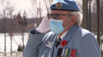 Bob George, Veteran, at the Barrie Cenotaph for the 75th anniversary of VE Day on Fri., May 8, 2020. (Mike Arsalides/CTV News)