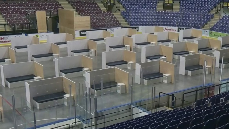 A temporary homeless shelter is pictured under construction at Victoria's Save-On-Foods Memorial Centre: (BC Gov)
