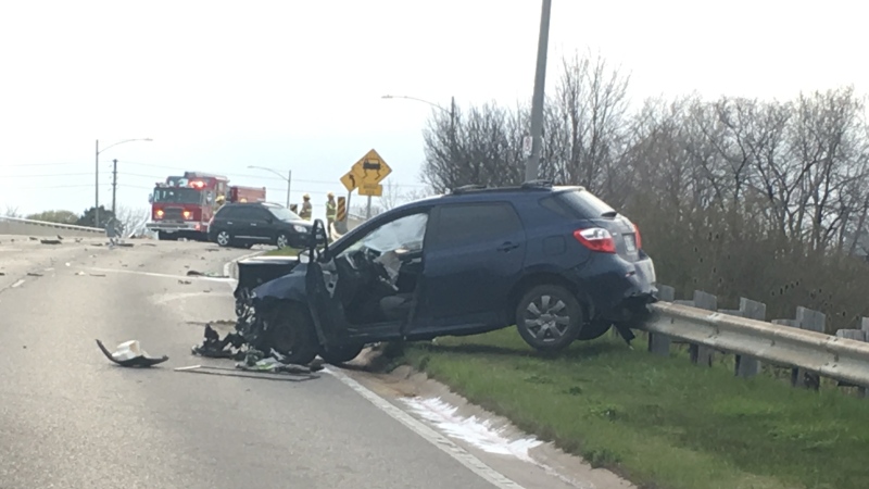 Crash in St. Thomas Ont. on May 9, 2020. (Brent Lale/CTV London)