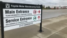 The entrance of Toyota Motor Manufacturing in Woodstock, Ont. is seen on Monday, May 11, 2020. (Sean Irvine / CTV London)