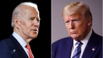 In this combination of file photos, former Vice President Joe Biden speaks in Wilmington, Del., on March 12, 2020, left, and U.S. President Donald Trump speaks at the White House in Washington on April 5, 2020. (AP Photo, File)