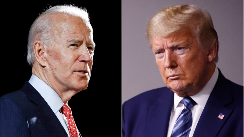 In this combination of file photos, former Vice President Joe Biden speaks in Wilmington, Del., on March 12, 2020, left, and U.S. President Donald Trump speaks at the White House in Washington on April 5, 2020. (AP Photo, File)