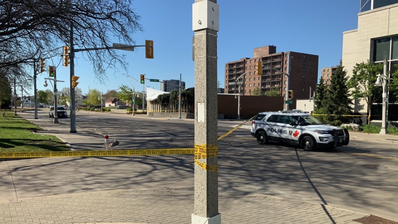 Windsor police have closed off streets near city hall in Windsor, Ont., on May 13, 2020. (Chris Campbell / CTV Windsor)