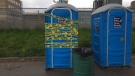 A portable toilet near a tent city that was the scene of an overdose is seen in London, Ont., Friday, May 15, 2020. (Bryan BIcknell / CTV London)