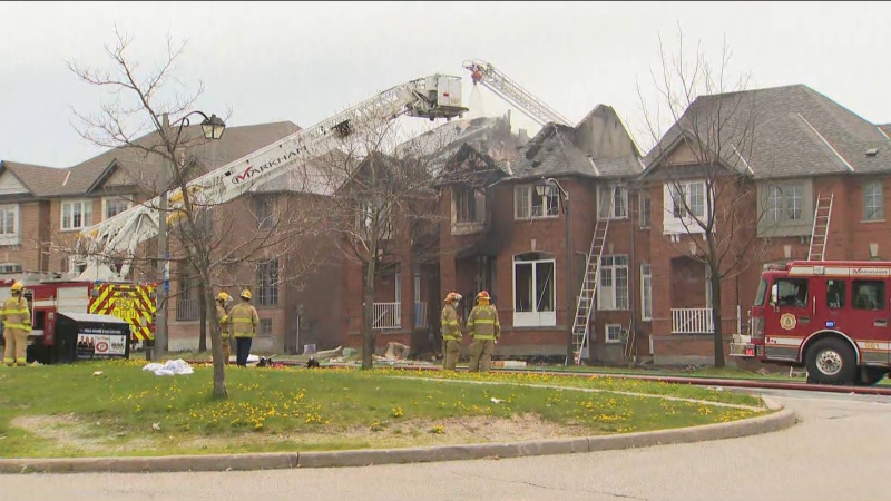 Emergency crews attend the scene of a fire in Markham Ont. on May 17, 2020
