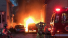 Firefighters work to contain two car fires on English Street on May 19, 2020. (Courtesy London Fire Department)