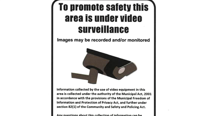 A sign from the City of St. Thomas explains the presence of new CCTV cameras.