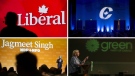 The Liberal, Conservative, New Democrat and Green Party logos. (The Canadian Press) 