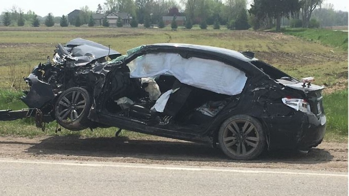 Car crash on Longwoods Road west of London Ont. on May 23, 2020. (Brent Lale/CTV London)