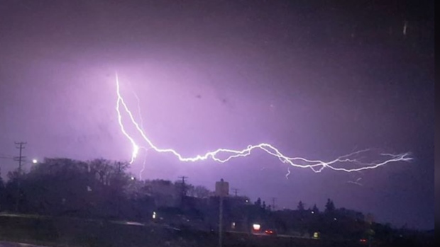 A bolt of lightning captured over Winnipeg on June 3, 2023. (Source: Vince Dunsford)