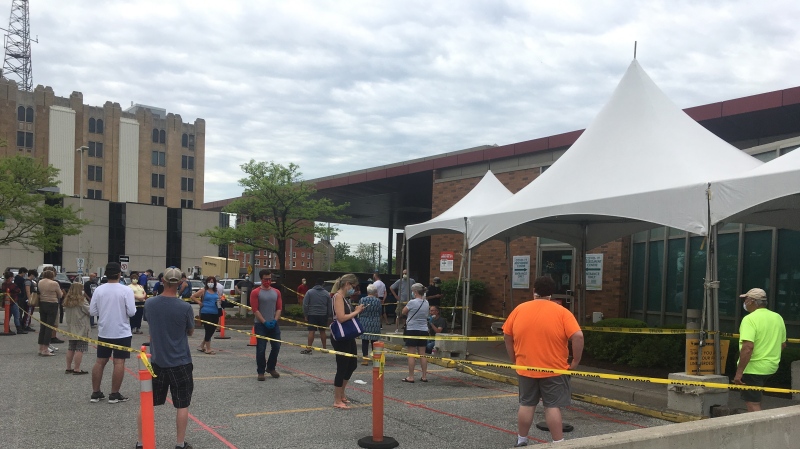 People lined up outside Windsor Regional Hospital COVID-19 Assessment Centre in Windsor Ont., on Mon. May 25 2020 (Bob Bellacicco/CTV Windsor) 