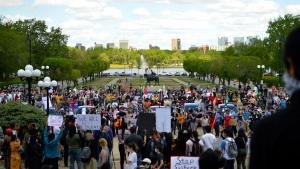 Hundreds of people gathered in front of the Saskatchewan Legislative Building for a Black Lives Matter protest. (Brendan Ellis/CTV News) 