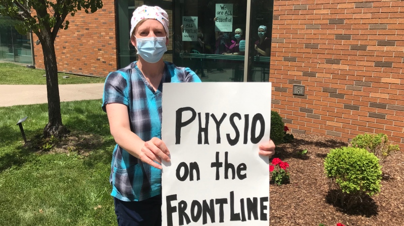 Physiotherapists are fighting for pandemic pay at a rally in Windsor, Ont., on Friday, June 5, 2020. (Michelle Maluske / CTV Windsor)