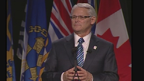 Premier Gordon Campbell told the Union of B.C. Municipalities his government was not backing down from implementing the harmonized sales tax on Friday, Oct. 2, 2009 in Vancouver, B.C. (CTV)