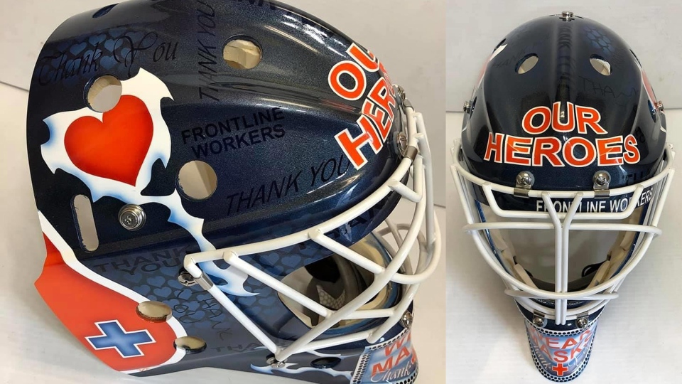 Oilers front line worker goalie mask