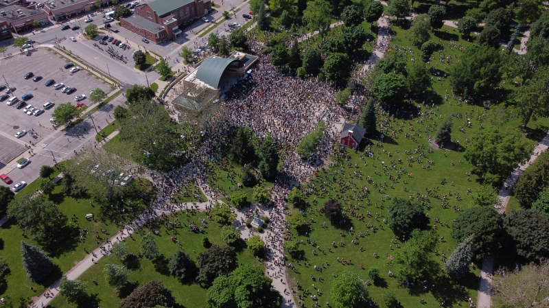 Drone footage of the Black Lives Matter rally in London Ont. on June 6, 2020. (Courtesy: @blackcurtis/Twitter)