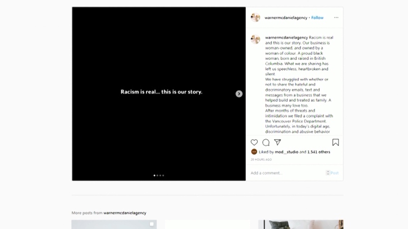 Warner McDaniel Agency says it received multiple racist messages from staff at another Vancouver company. (Instagram)