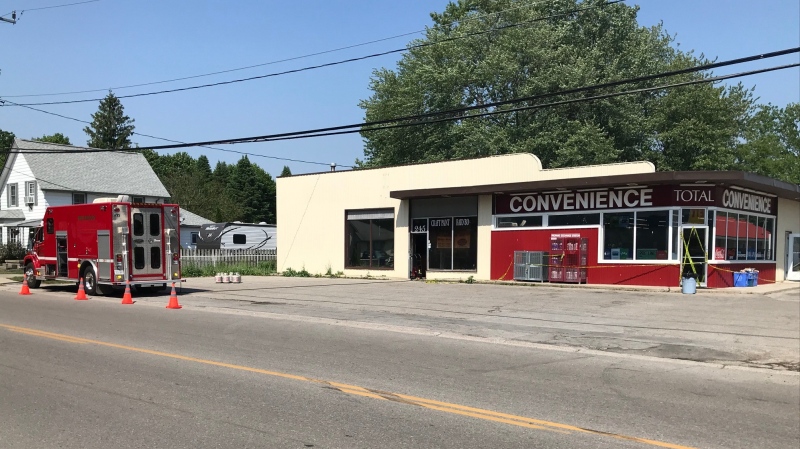 A fire investigation vehicle is parked at the site of a variety store blaze in Alymer, Ont. on Wednesday, June 10, 2020 (Sean Irvine / CTV News)