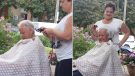 84-year-old Franco Arnone wanted an outdoor fresh air haircut so daughter-in-law Tina Arnone obliged. Franco has been waiting patiently since March in his house. (Nicola Arnone/CTV Viewer)
