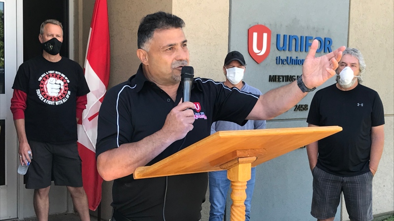 Emile Nabbout, president of Unifor Local 195, speaks at a rally calling on the government to implement changes to EI entitlements amid the COVID-19 pandemic on June 12, 2020. (Rich Garton / CTV Windsor)