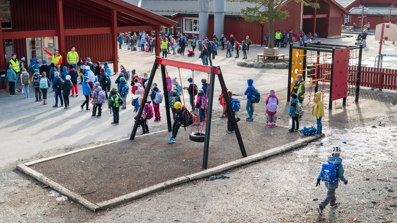 Vikasen school in Trondheim, Norway, as schools opened their doors on Monday April 27, 2020. (Gorm Kallestad / NTB scanpix via AP)