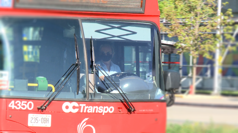 An OC Transpo bus operator wears a mask while driving. (File photo)