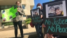 Members of Metis Nation rallied outside a downtown Edmonton courtroom Tuesday as a man accused of killing two Metis hunters earlier this year appeared for a bail hearing. June 16, 2020. (CTV News Edmonton)