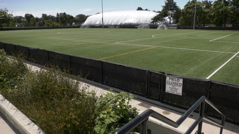 Concerns were raised about the field were raised last year after pieces of artificial grass began appearing in the local environment: (CTV News)