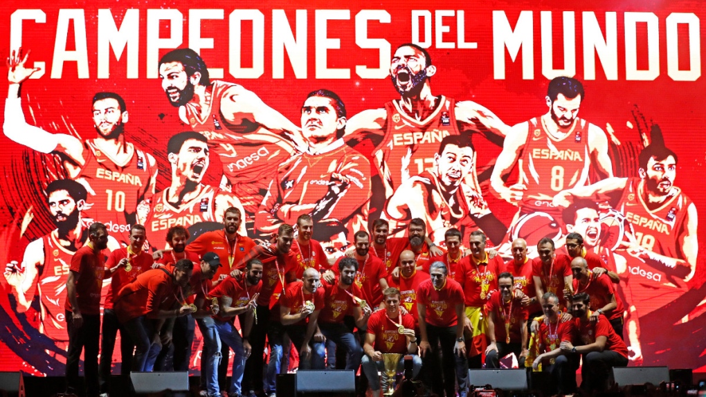Spain's national basketball team celebrate in 2019