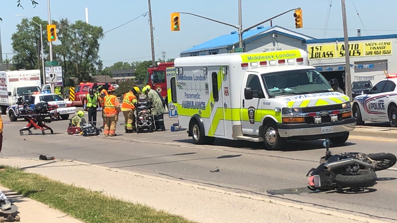 Serious crash involving a motorcycle and pedestrian shuts down the intersection of Highbury Avenue and Kilally Road Wednesday, June 17, 2020. (Brian Snider / CTV London) 