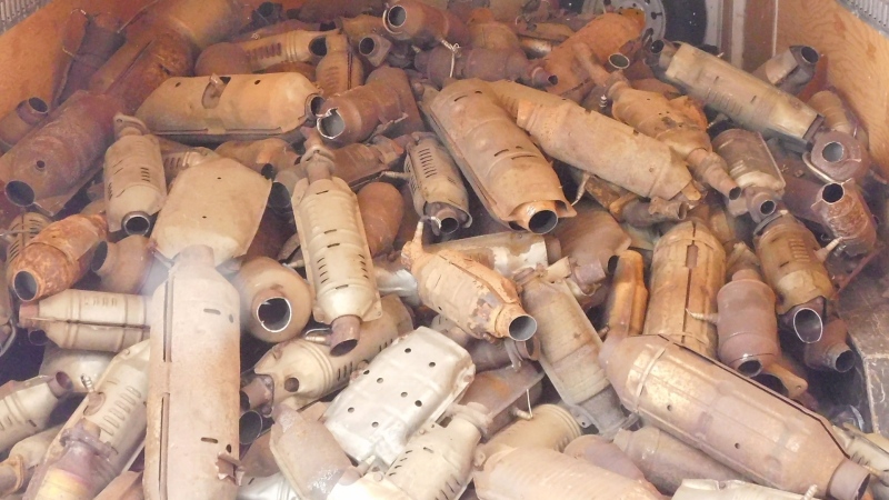 The Edmonton Police Service found 462 stolen catalytic converters in a northeast storage locker and charged one man. June 18, 2020. (EPS)