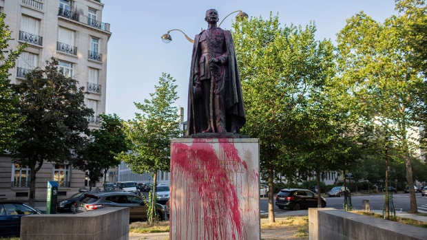 The statue of Hubert Lyautey, who served in Morocco, Algeria, Madagascar and Indochina when they were under French control, is offered with red painting Monday, June 22, 2020. (AP Photo/Rafael Yaghobzadeh)