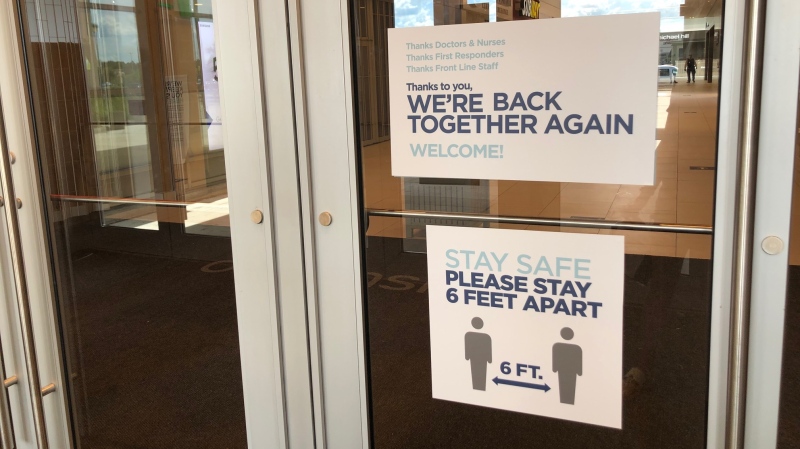 A reminder to physical distance while entering Devonshire Mall in Windsor, Ont., on Thursday, June 25, 2020. (Melanie Borrelli / CTV Windsor)
