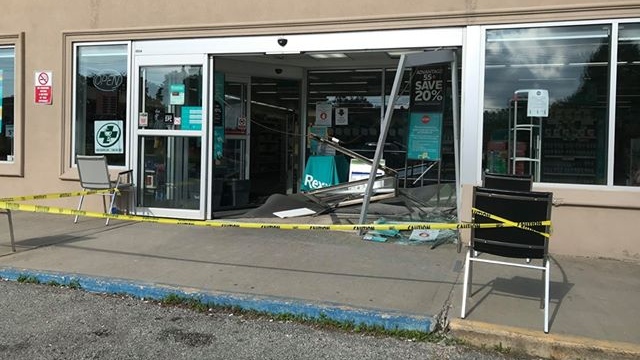 The aftermath of a car crashing into a Rexall in Stroud, Ont. on Sat. June 27, 2020 (Lexy Benedict/CTV News)
