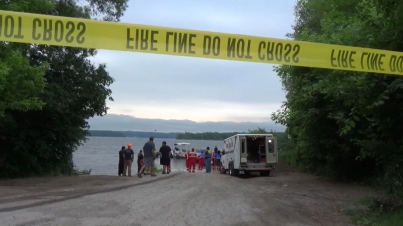 Emergency responders at the edge of Rice Lake near Peterborough, Ont. after a boat crash, Sat. June 27, 2020 (Harrison Perkins/CTV News)