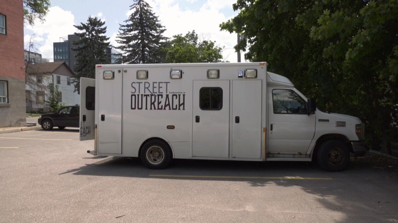 The David Busby Centre's street outreach vehicle in Barrie, Ont. on Mon. June 29, 2020 (Lexy Benedict/CTV News)