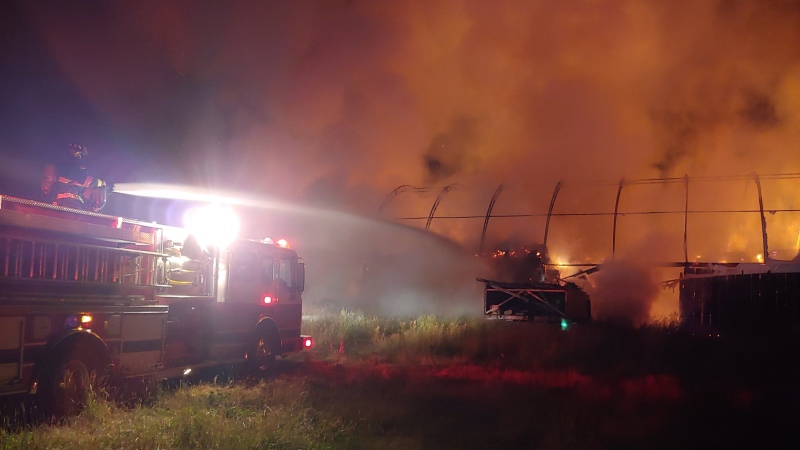 Leamington firefighters responded to a barn fire in Leamington on Tuesday, June 30, 2020. (Courtesy Andrew Baird / Twitter)