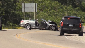 A car and SUV collided on Hwy 12 in Tay Twp on Sat. July 4, 2020 (David Sullivan/CTV News)