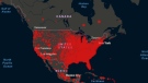 This photo shows COVID-19 cases in Canada and the United States. The data on the map above is on a more localized level in the United States, which makes it appear more red, but there are an overwhelming number of cases south of the border compared to Canada. (Source: Johns Hopkins University) 