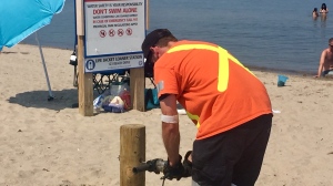 The Town of Wasaga Beach, Ont., is erecting snow fencing to try and block access to the beach after mass crowding. July 7, 2020. (Steve Mansbridge/CTV News)