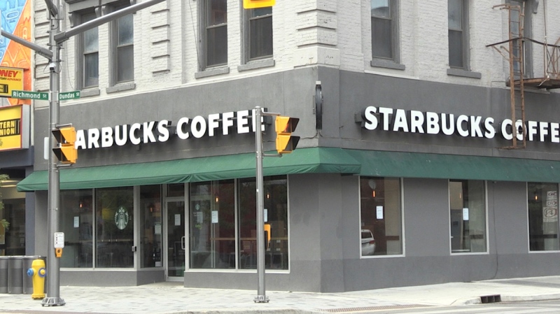 The Starbucks location and Richmond and Dundas streets in London, Ont. is seen Tuesday, July 7, 2020. (Jordyn Read / CTV News)