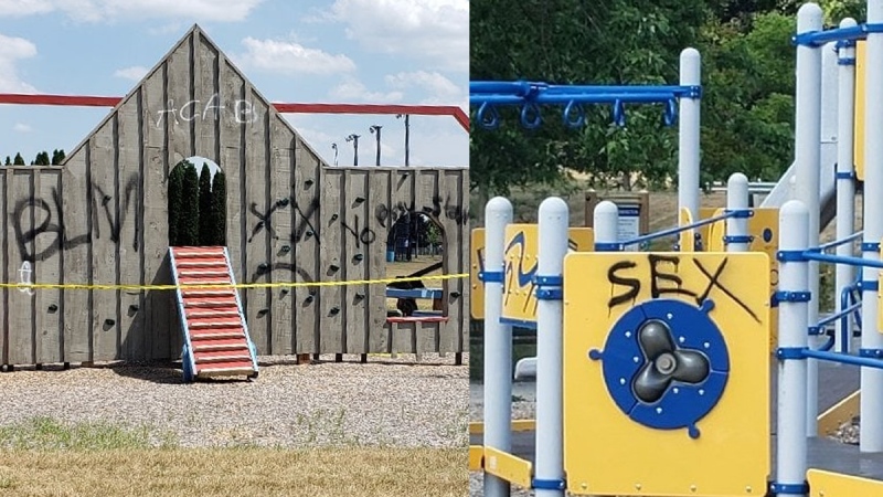 Graffiti painted on equipment at Alexandra Park in Strathroy, Ont. is seen in these images released by police on Wednesday, July 8, 2020.