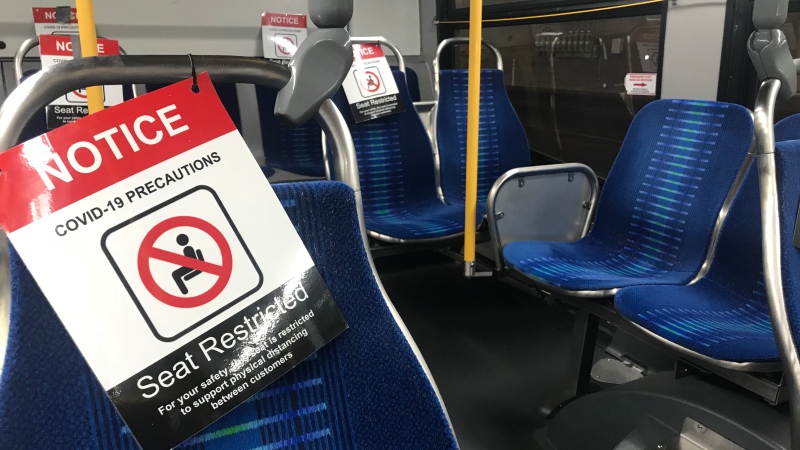 A Transit Windsor COVID-19 social distancing precautions on a bus in Windsor, Ont. on Thursday, July 9 2020 (Rich Garton/CTV Windsor)