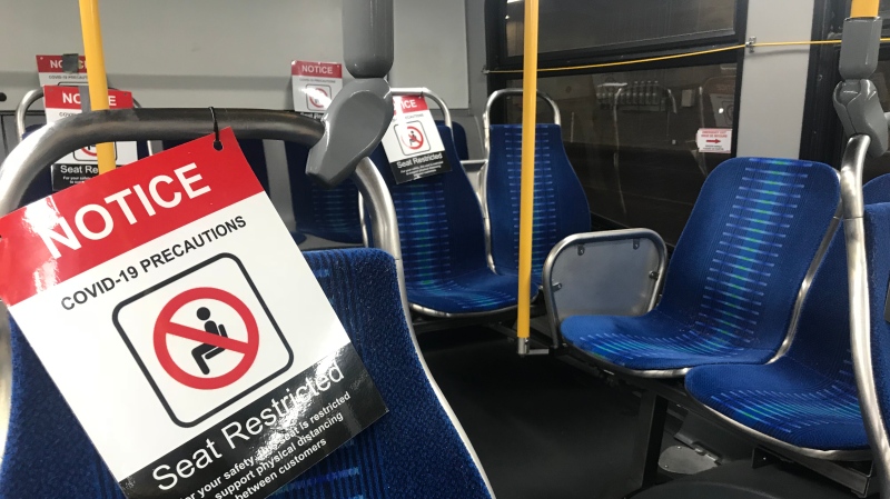 A Transit Windsor COVID-19 social distancing precautions on a bus in Windsor, Ont. on Thursday, July 9 2020 (Rich Garton/CTV Windsor)